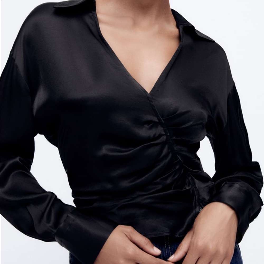 Zara- Ruched satin black top